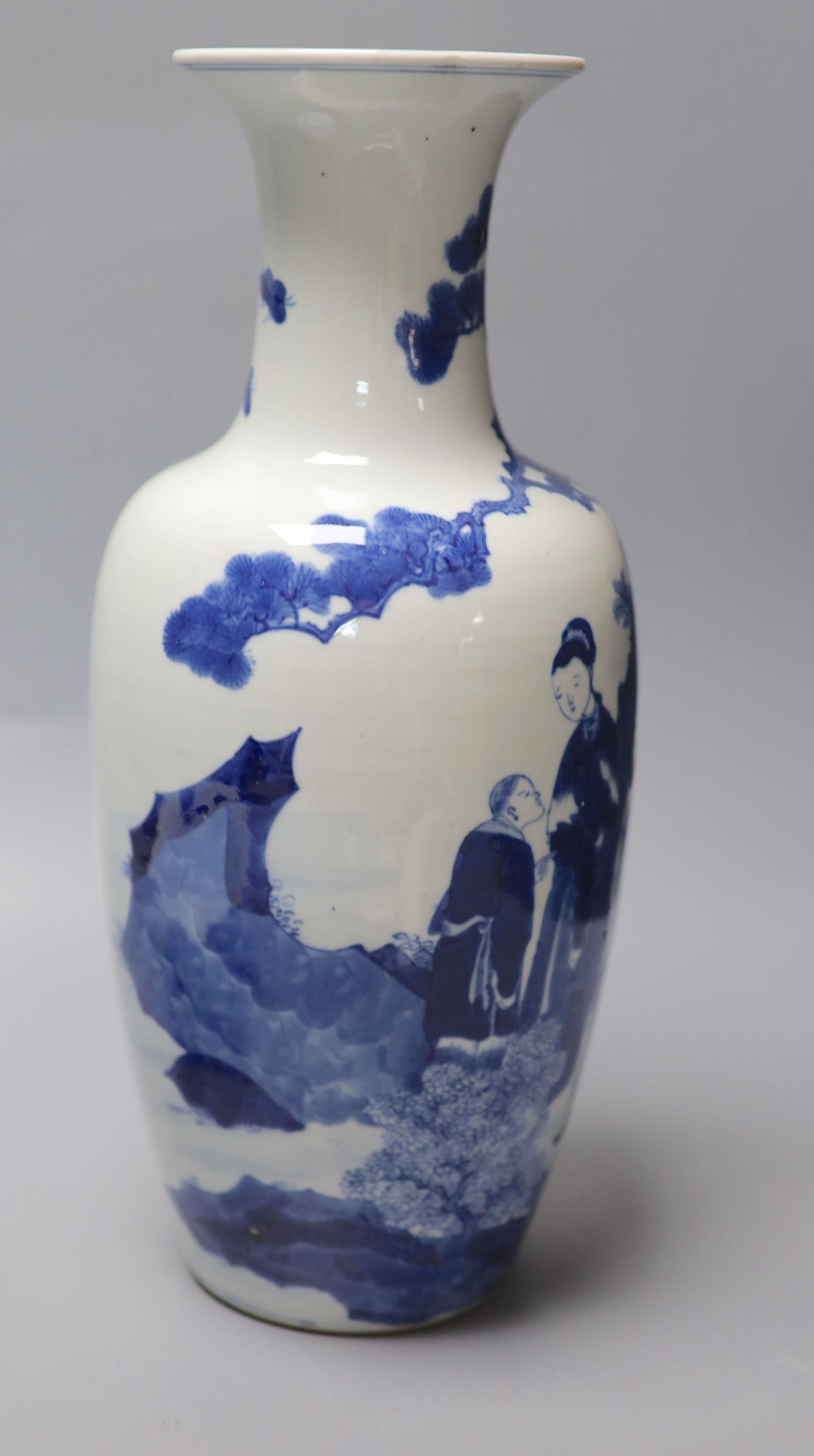 A Chinese blue and white vase, Kangxi mark, c.1900, 36cm and a similar bowl, Qianlong seal mark, early 20th century, 18.5cm